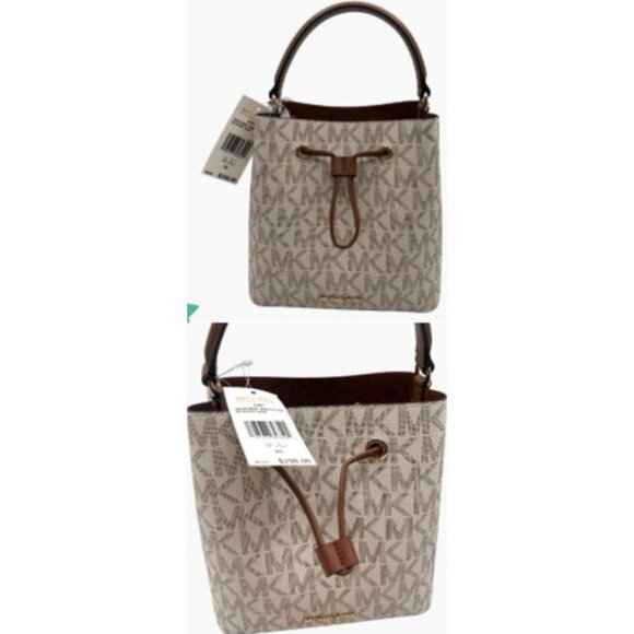 Michael Kors Small Drawstring Bucket Bag Vanilla/Brown Canvas Leather Logo - Picture 5 of 14